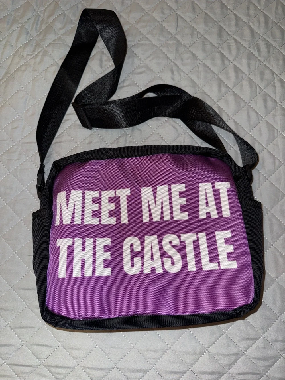 Purple Crossbody Bag with White 'MEET ME AT THE CASTLE' Print